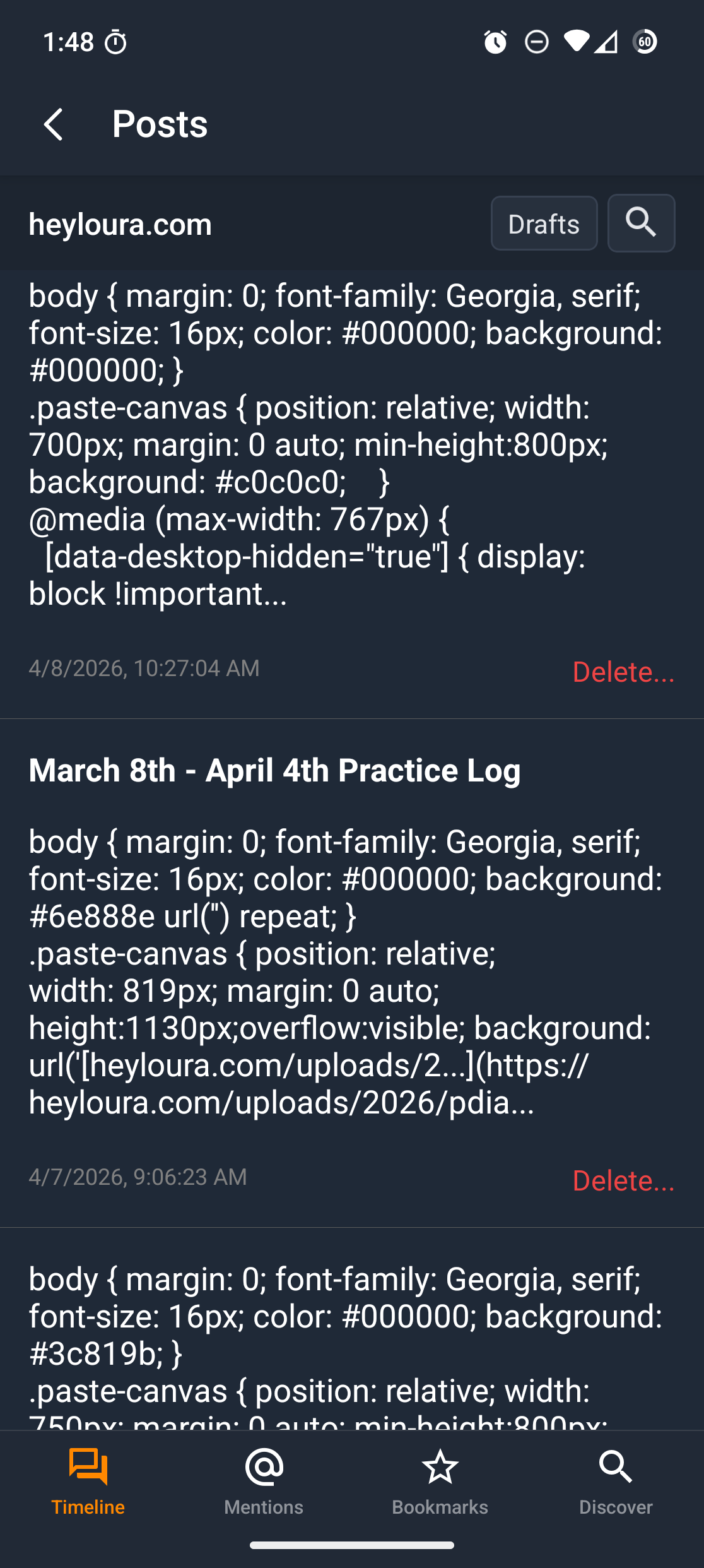 A mobile screen displays a list of code snippets and dates in a drafts section of a platform called heyloura.com.